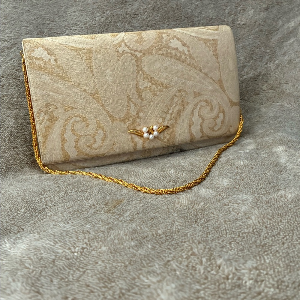 Mikimoto Cream Clutch with Gold Accents